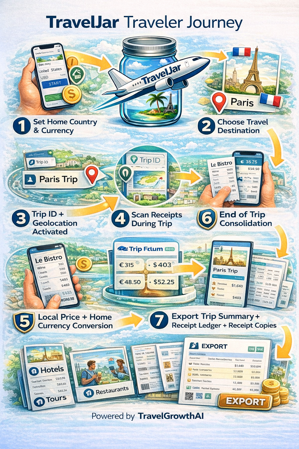TravelJar traveler journey from setting a home currency through receipt scanning and trip export
